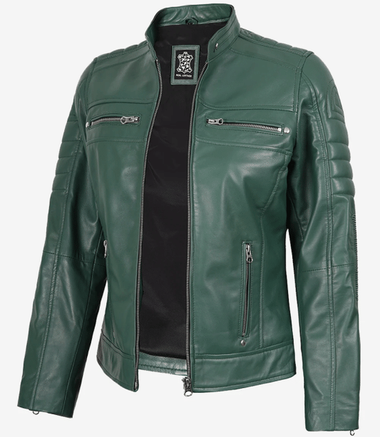 Women's Green Real Leather Cafe Racer Jacket