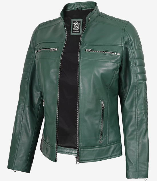 Women's Green Real Leather Cafe Racer Jacket