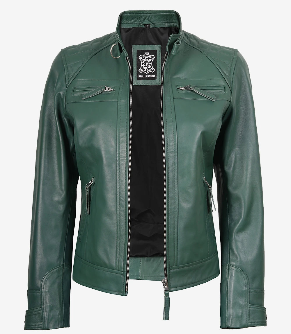 Women Green Diamond Cafe Racer Real Leather Jacket