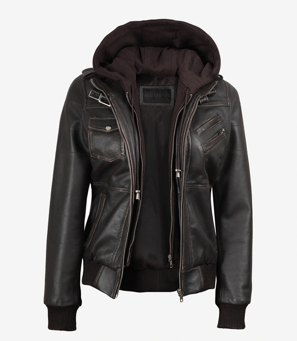 Women's Dark Brown Rub Off Leather Jacket with Removable Hood