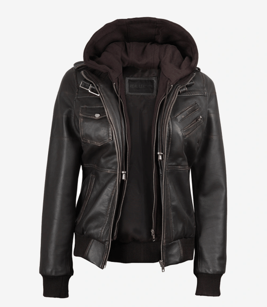 Women's Dark Brown Rub Off Leather Jacket with Removable Hood