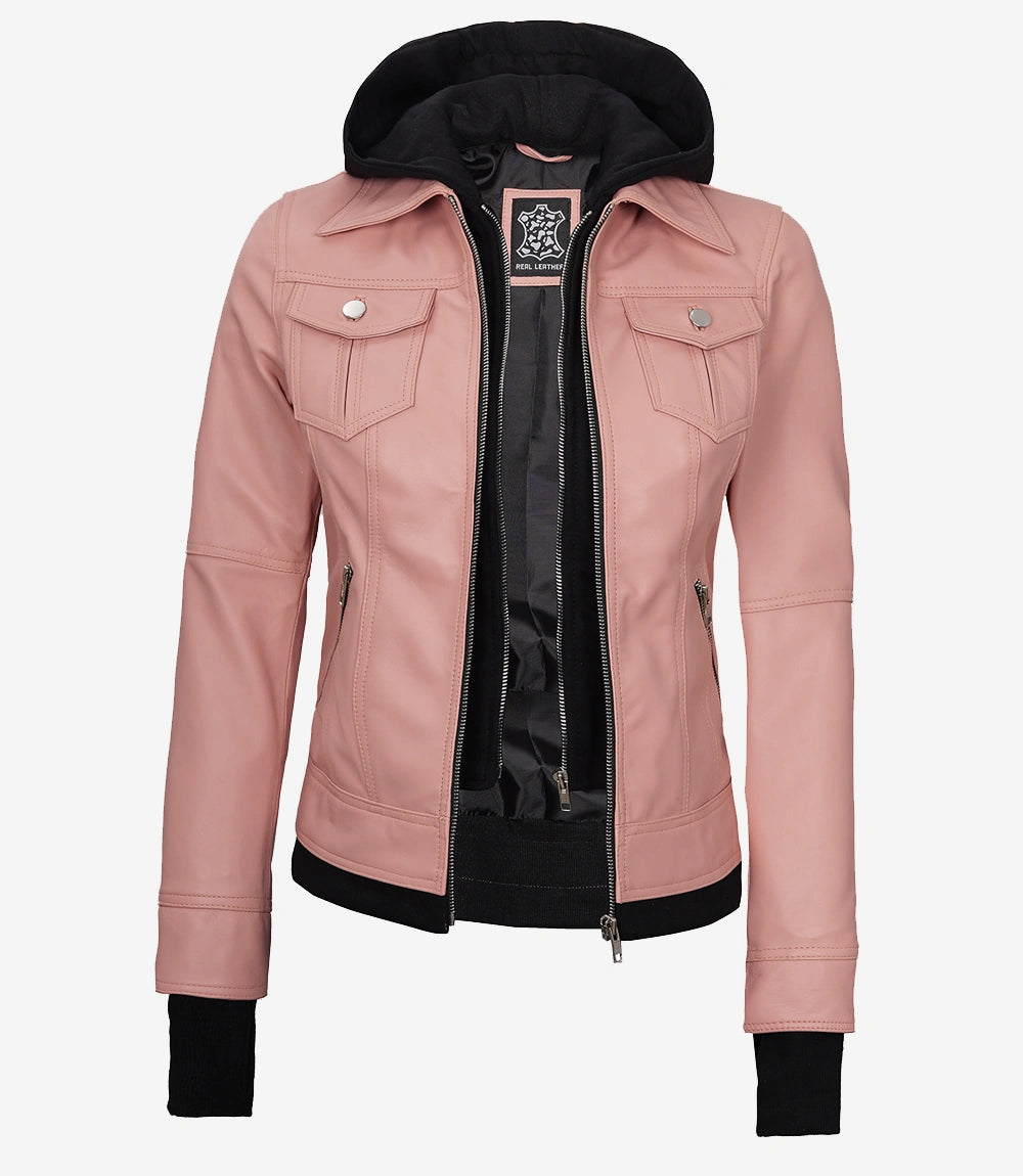 Tralee Women's Bomber Pink Real Leather Jacket with Hood