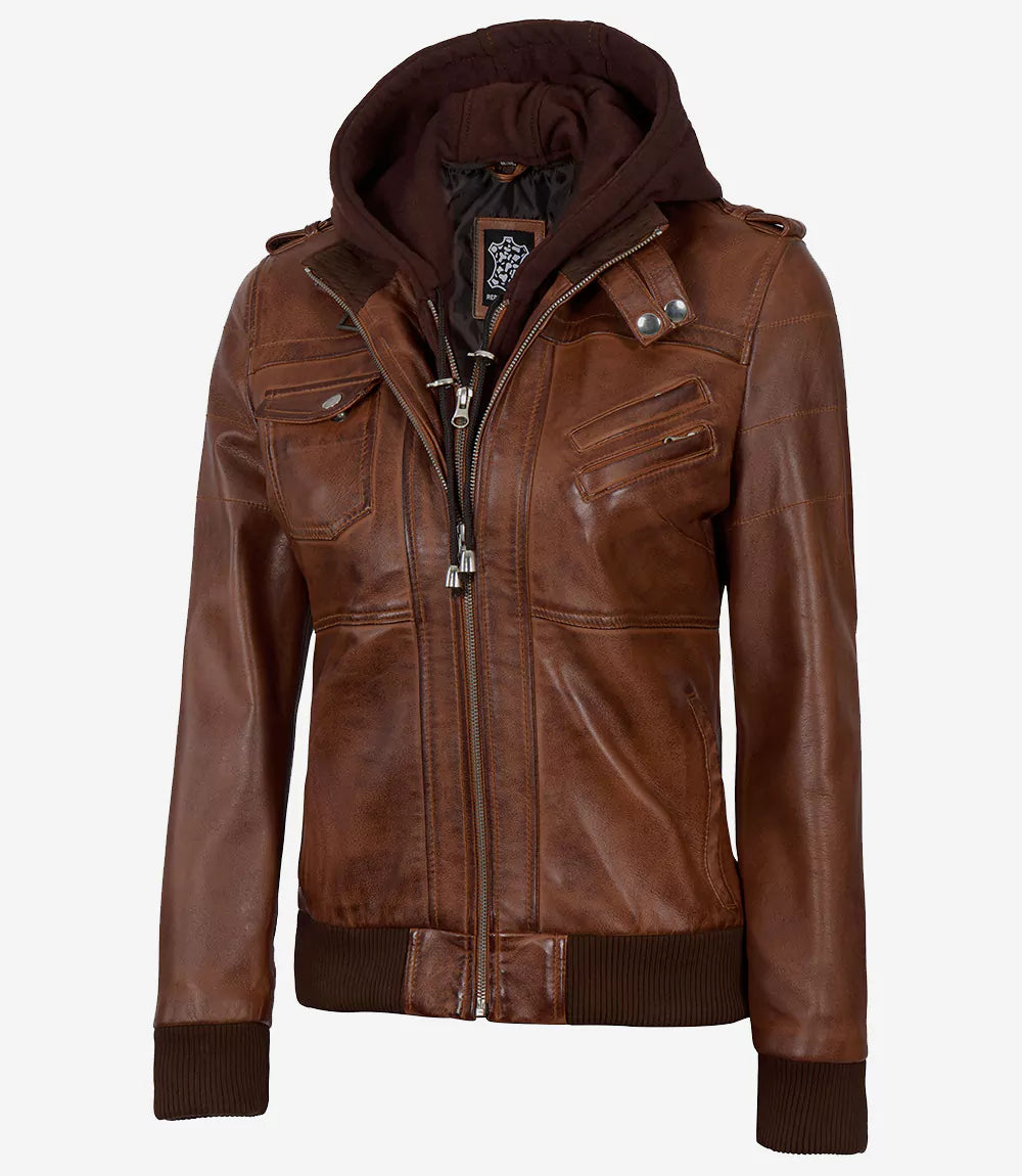 Women's Bomber Cognac Brown Leather Jacket with Removable Hood