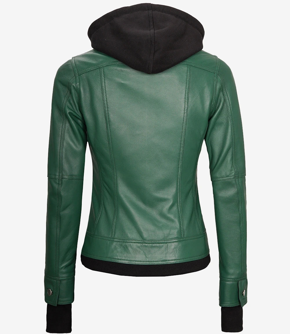 Tralee Women's Green Real Leather Jacket with Hood