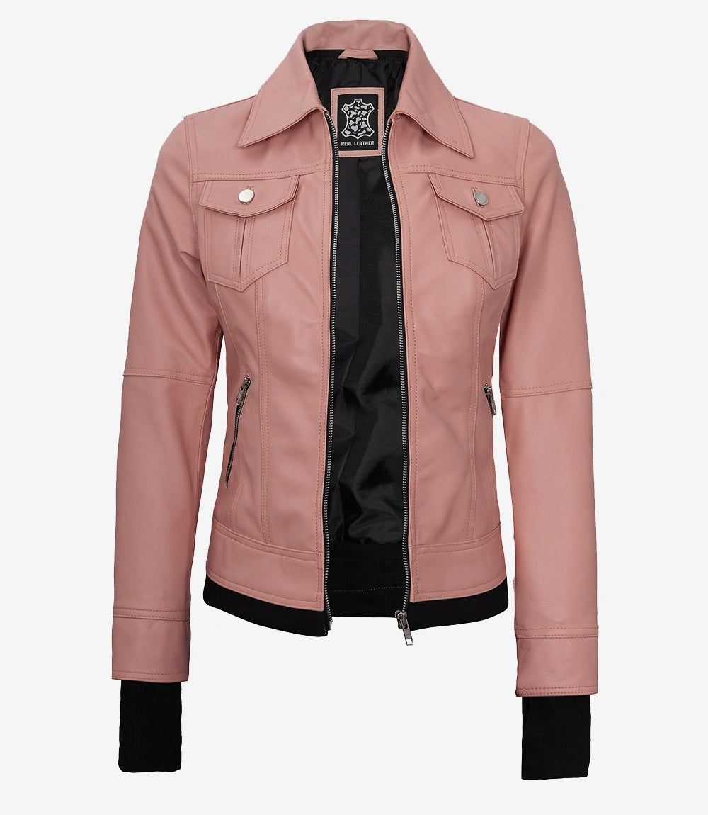 Women's Bomber Pink Real Leather Jacket with Hood