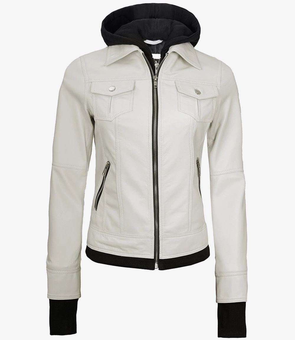 Women's Bomber Off White Leather Jacket with Removable Hood