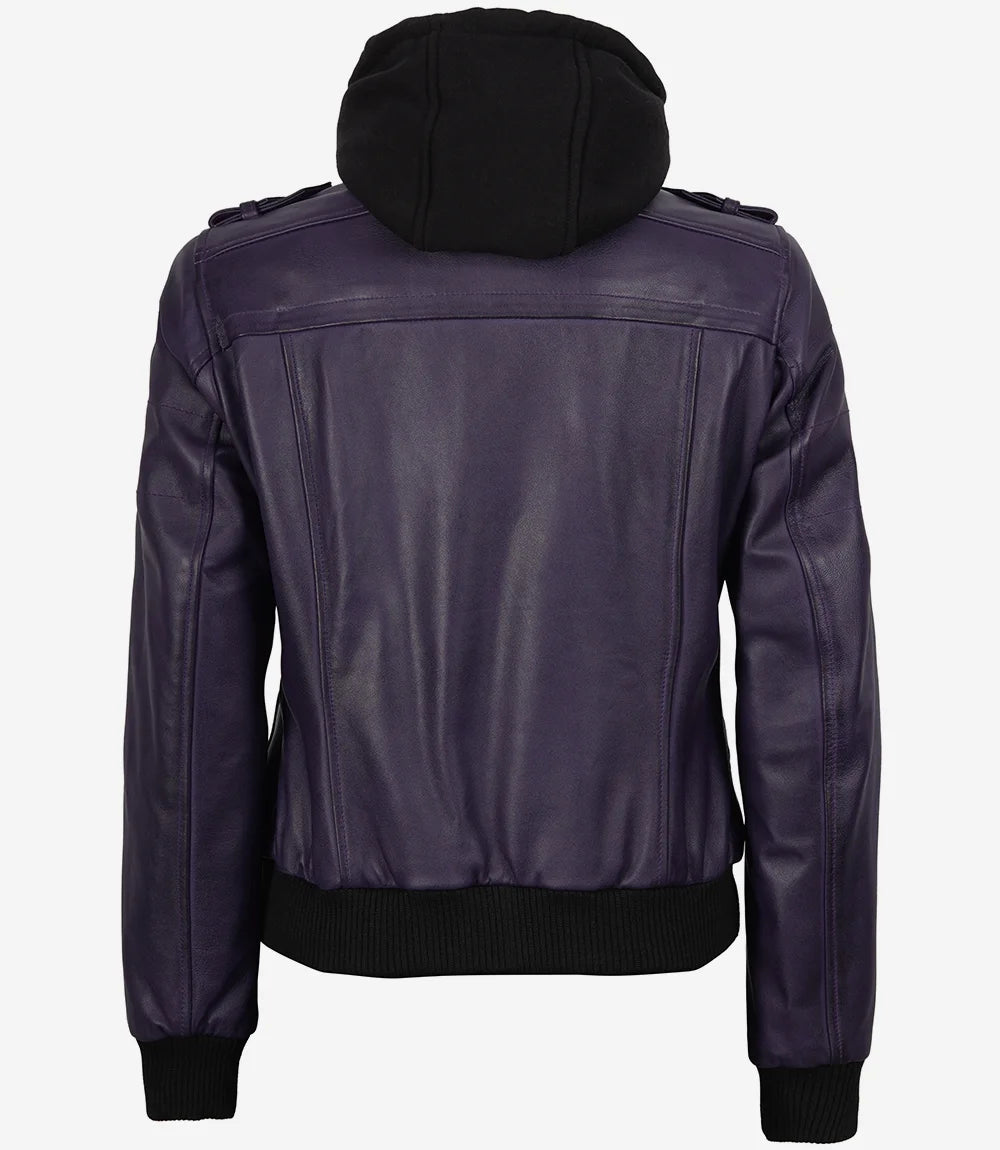 Women's Purple Leather Jacket — Removable Hood