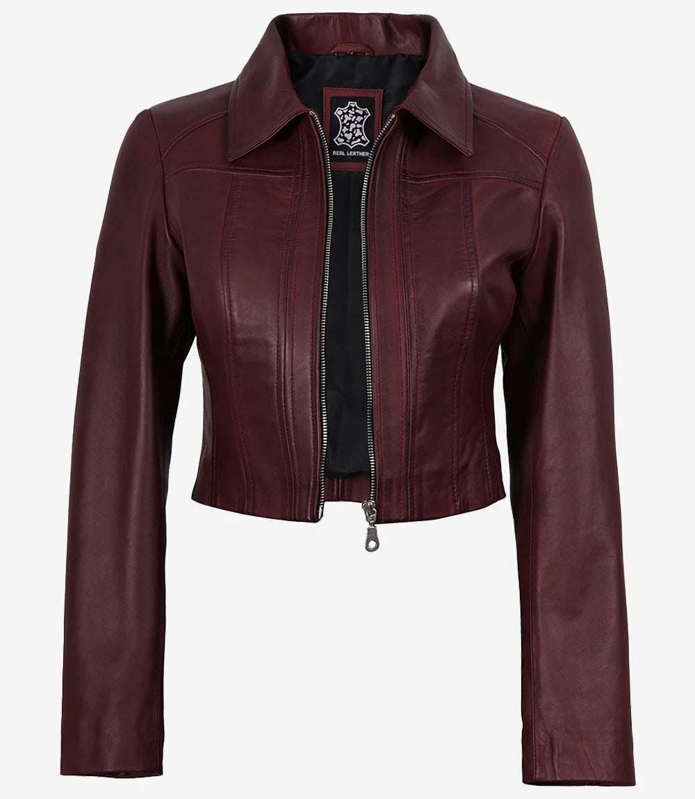 Women's Burgundy Wax Cropped Harrington Leather Jacket