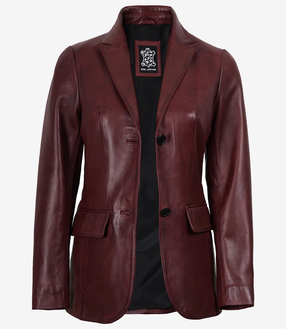 Women's Two Button Burgundy Wax Real Leather Blazer