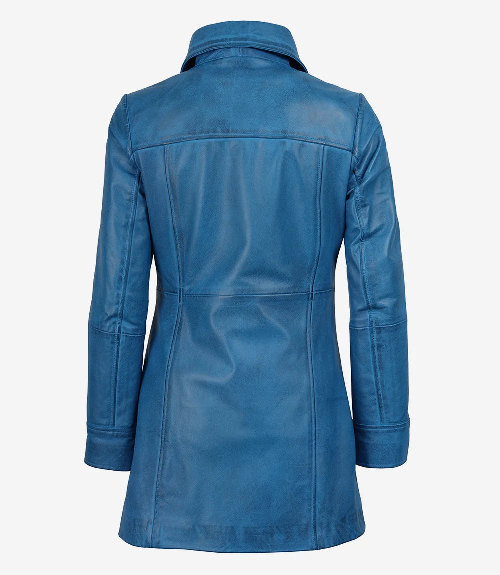 Womens 3/4 Length Blue Lambskin Leather Coat