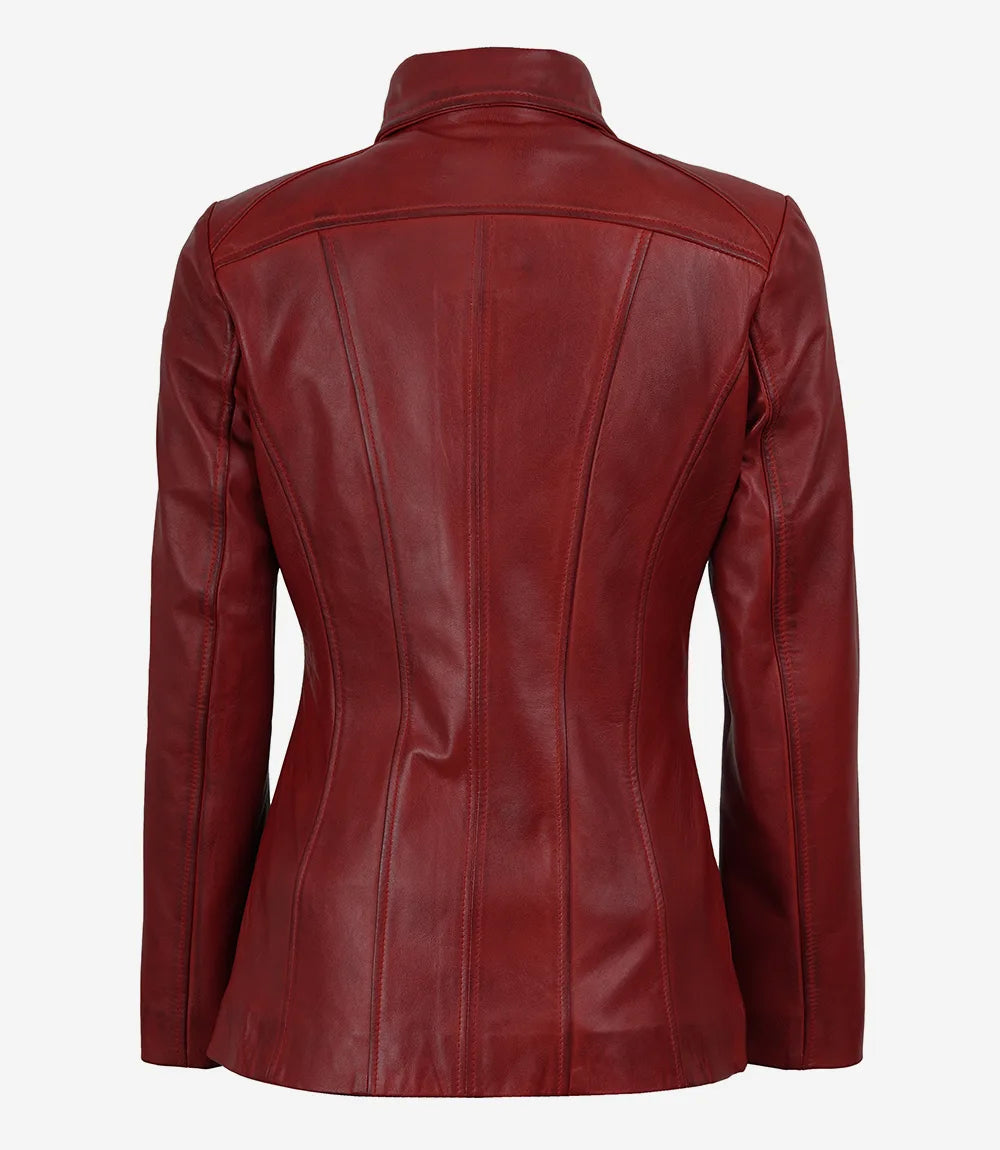 Women's Red Leather Car Coat with Shirt Collar