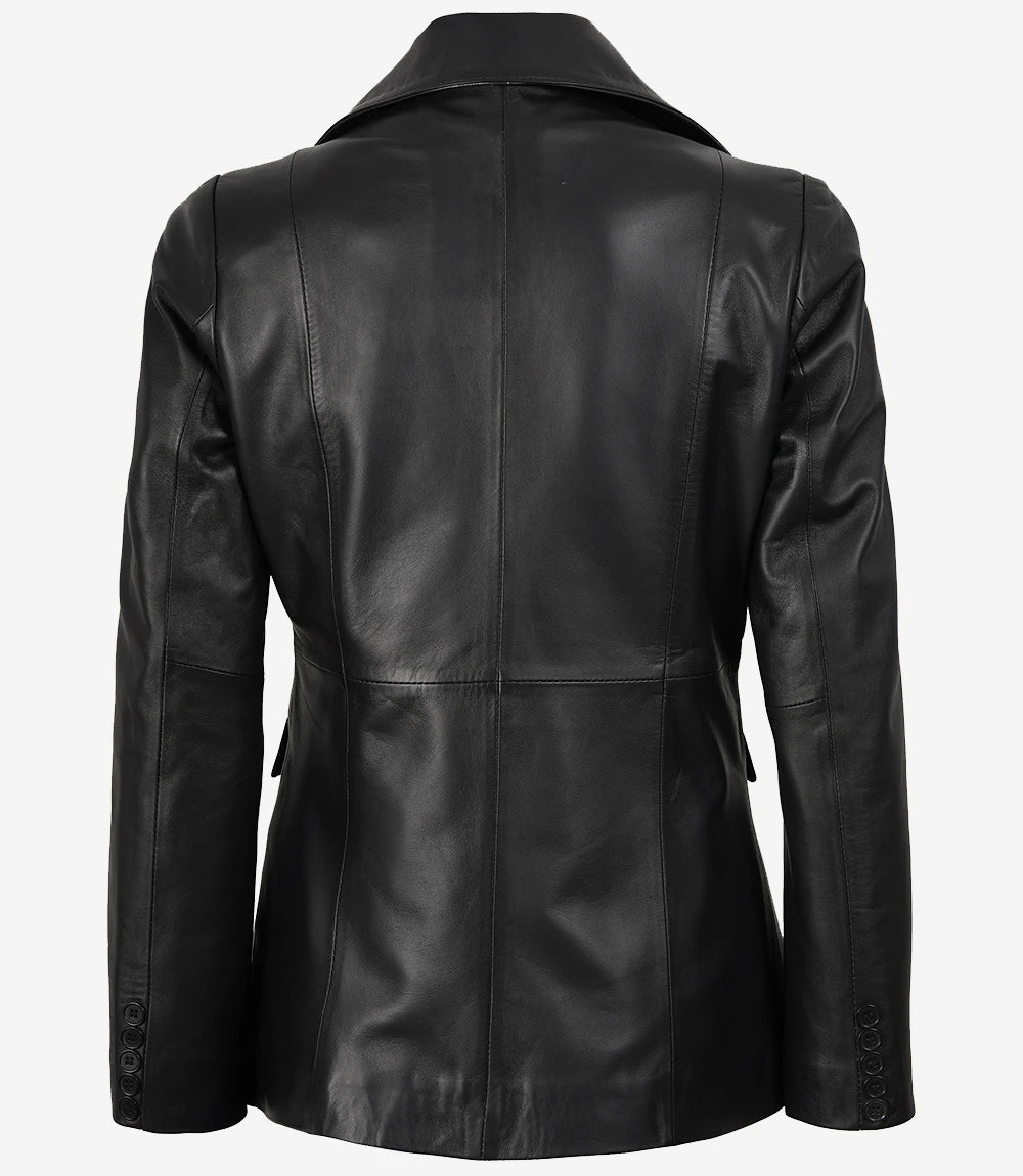 Women's Single Button Black Real Leather Blazer