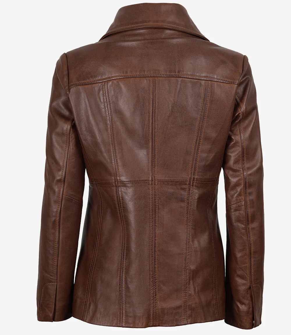 Women Cognac Brown Wax Three Button Leather Blazer