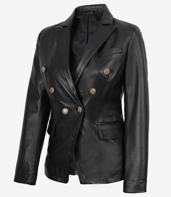 Women Black Double Breasted Leather Blazer