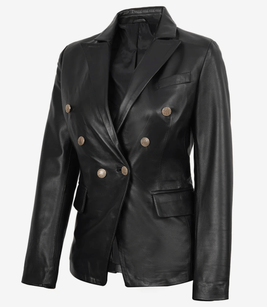 Women Black Double Breasted Leather Blazer