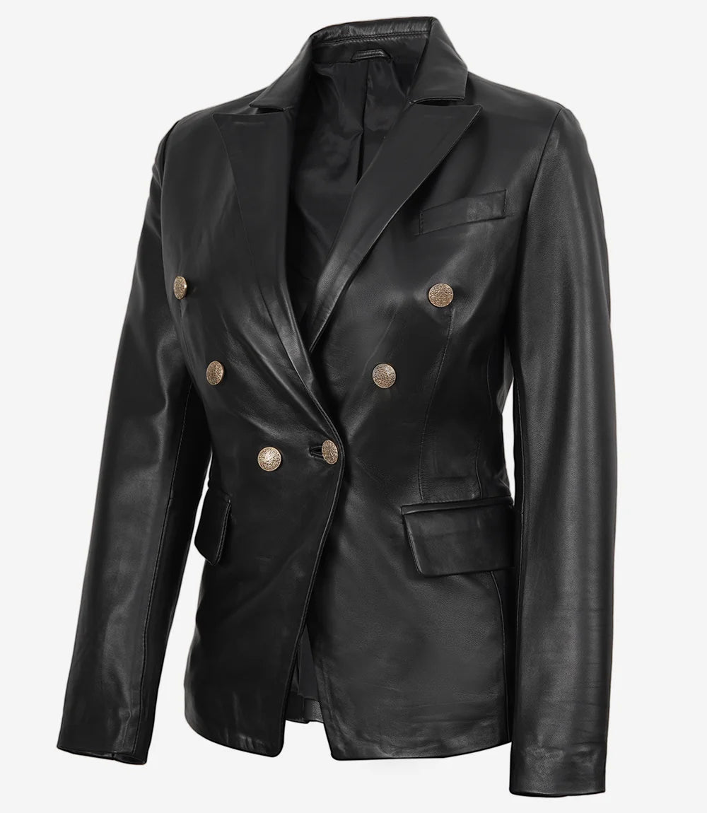 Women Black Double Breasted Leather Blazer