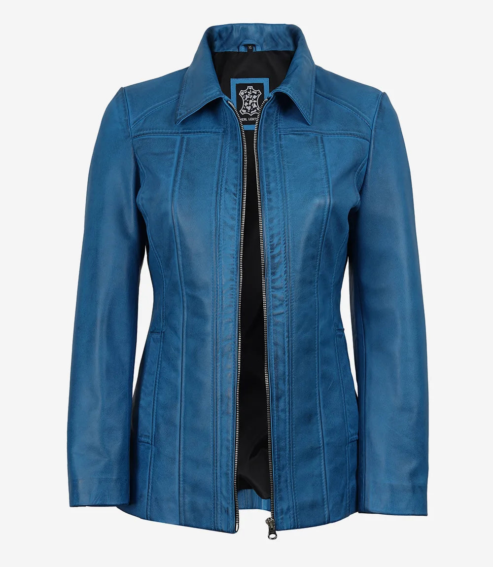 Women's Blue 3/4 Length Real Lambskin Leather Car Coat