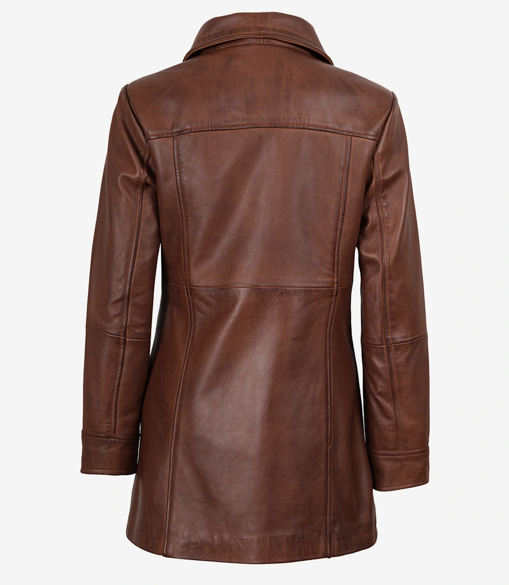 Women's Cognac Brown Leather Car Coat