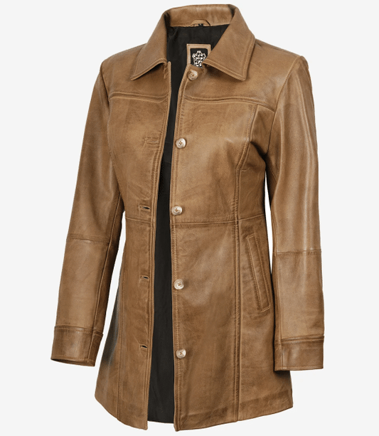 Women's Camel Brown Real Leather Car Coat