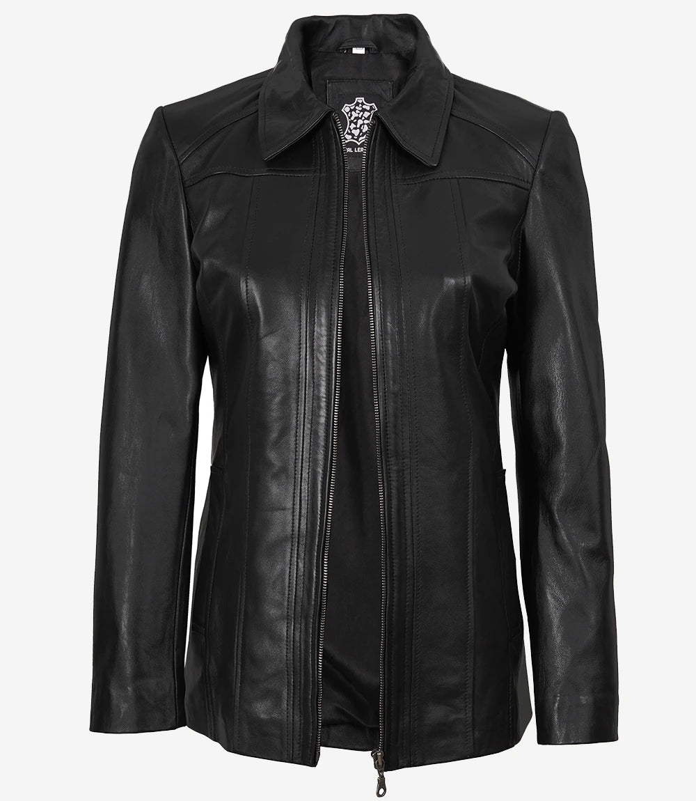 Women's Leather Black Car Coat