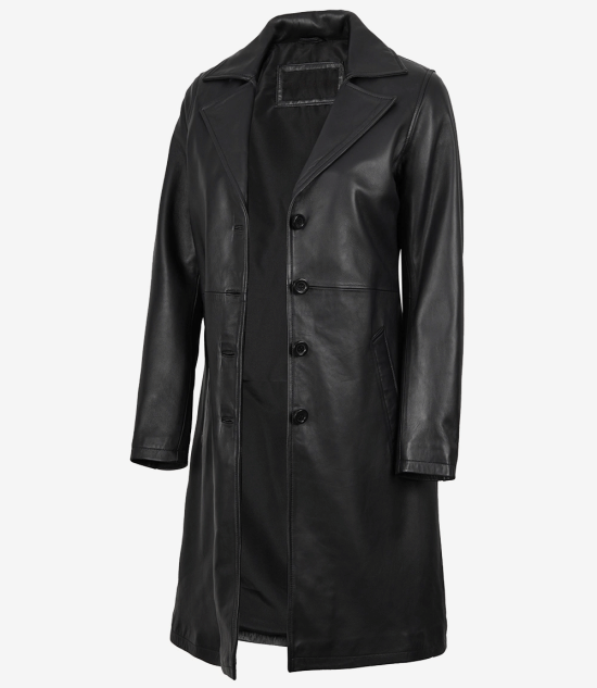 Women Black Real Leather Coat — Buttoned Down Coat