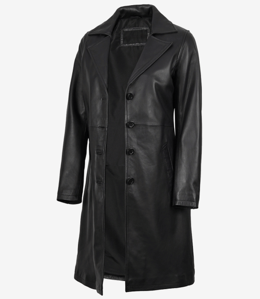 Women Black Real Leather Coat — Buttoned Down Coat