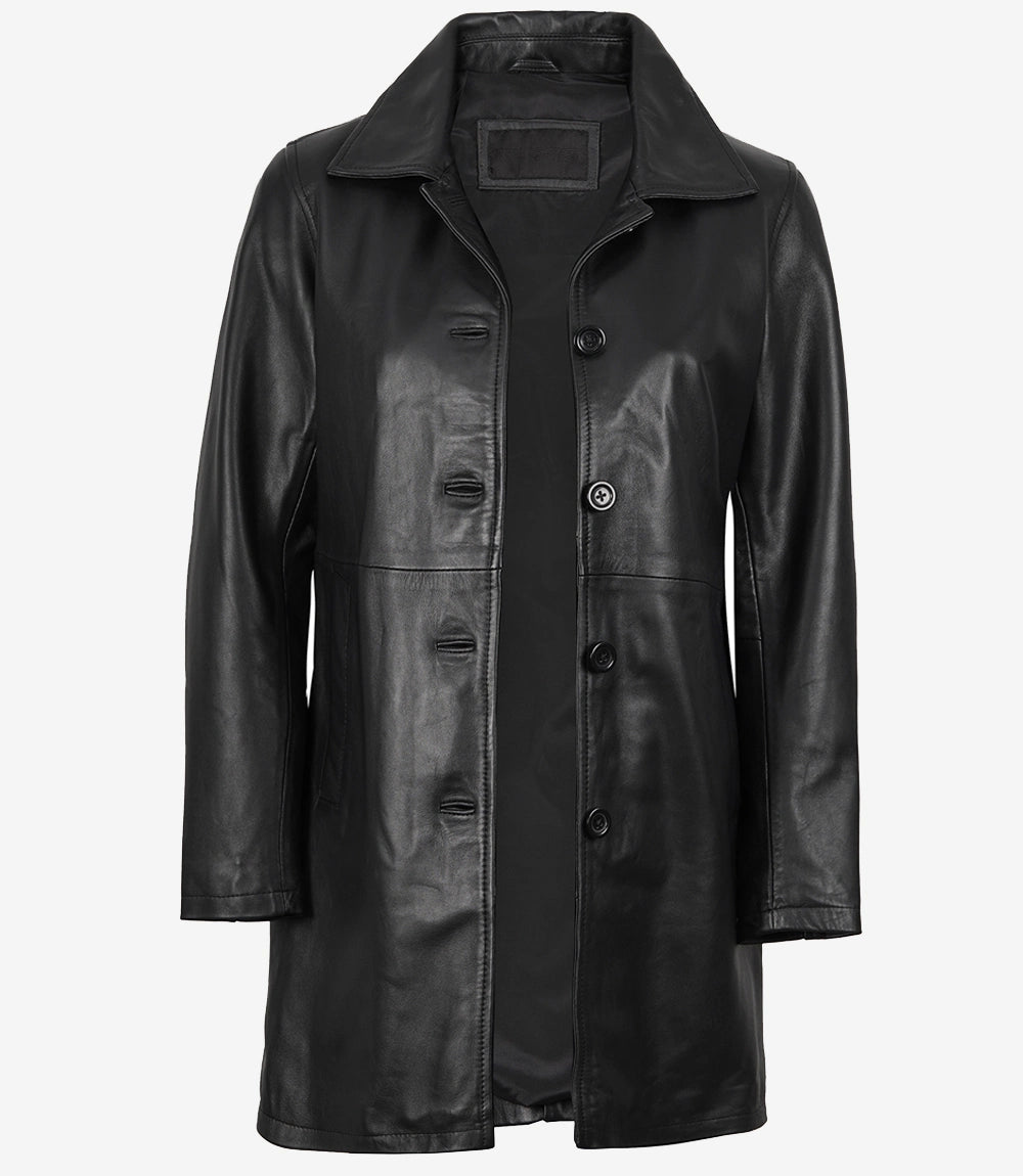 Women's Black Real Leather 3 4 Length Car Coat