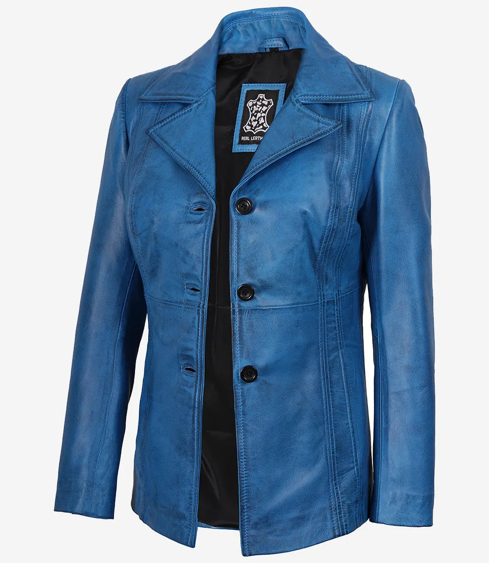 Women's Blue Leather 3/4 Length Car Coat — Waxed