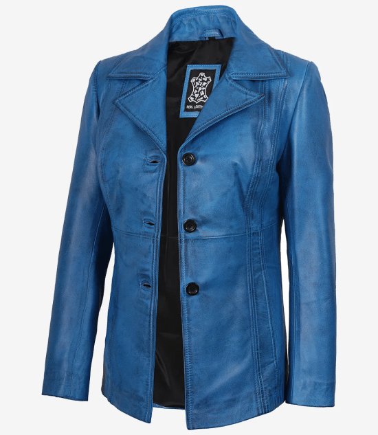 Women's Blue Leather 3/4 Length Car Coat — Waxed