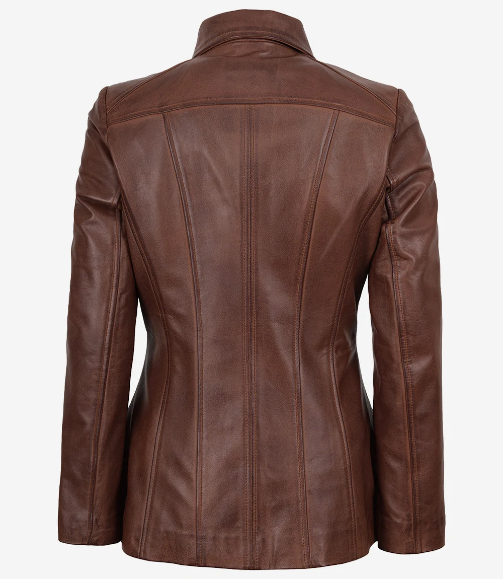 Marsha Women's Cognac Brown Leather Car Coat