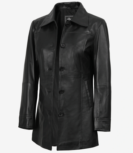 Womens Real Black Leather Coat — Mid-Length Style