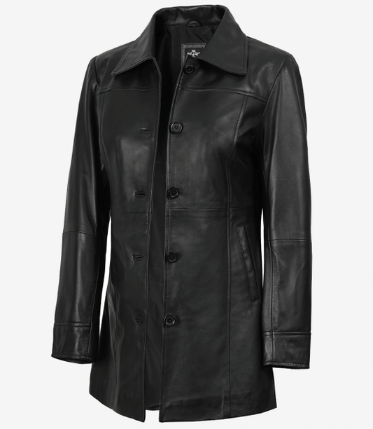 Womens Real Black Leather Coat — Mid-Length Style