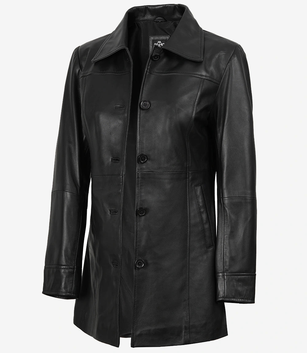 Womens Real Black Leather Coat — Mid-Length Style