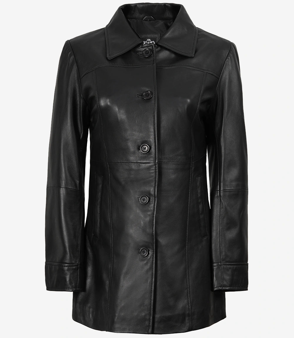 Womens Real Black Leather Coat — Mid-Length Style