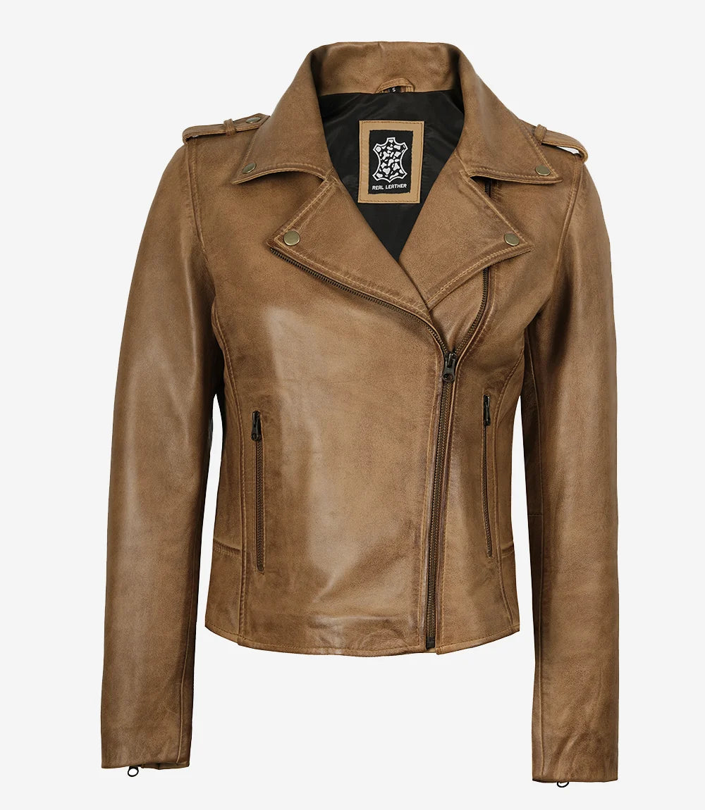 Women's Camel Real Leather Jacket | Biker Style