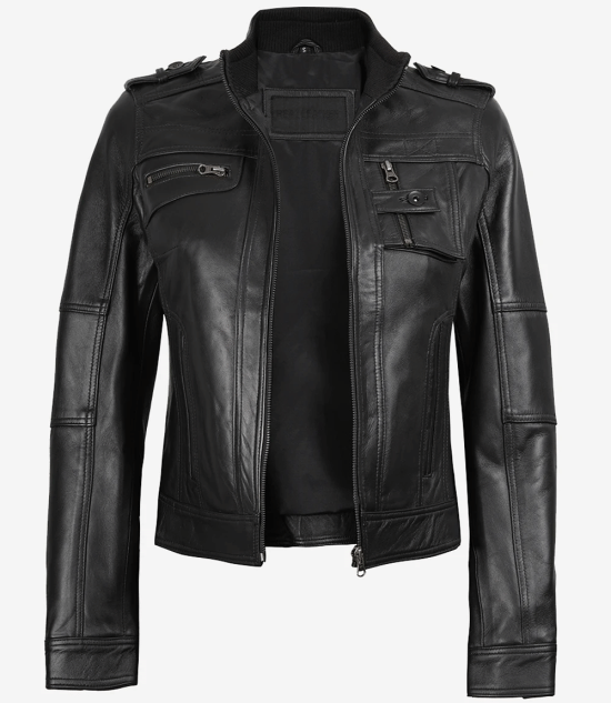 Women's Black Cafe Racer Leather Jacket with Epaulets