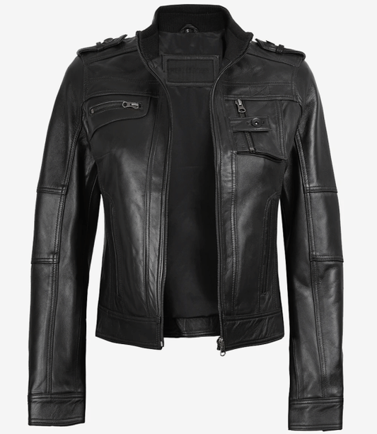 Women's Black Cafe Racer Leather Jacket with Epaulets