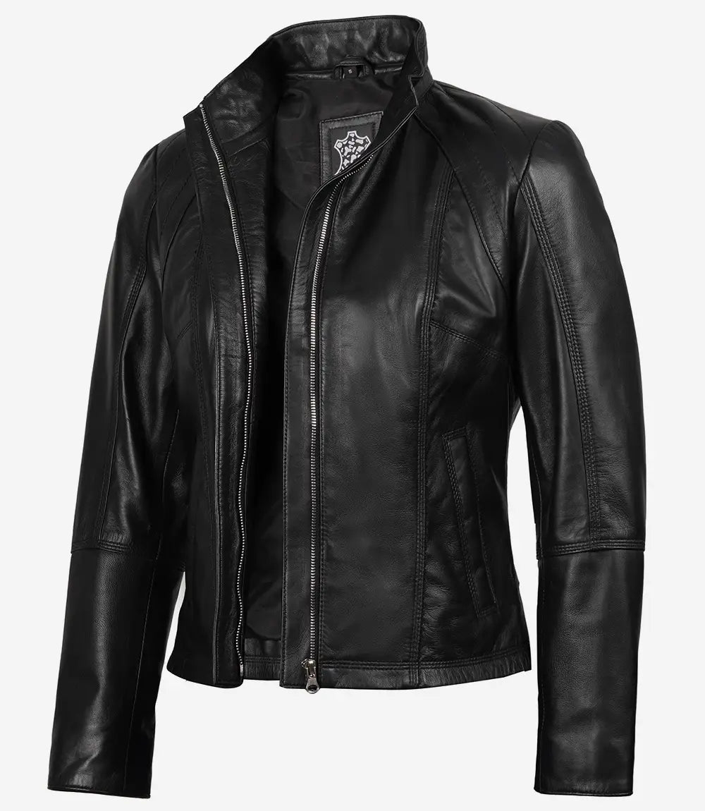 Women's Black Leather Cafe Racer Jacket