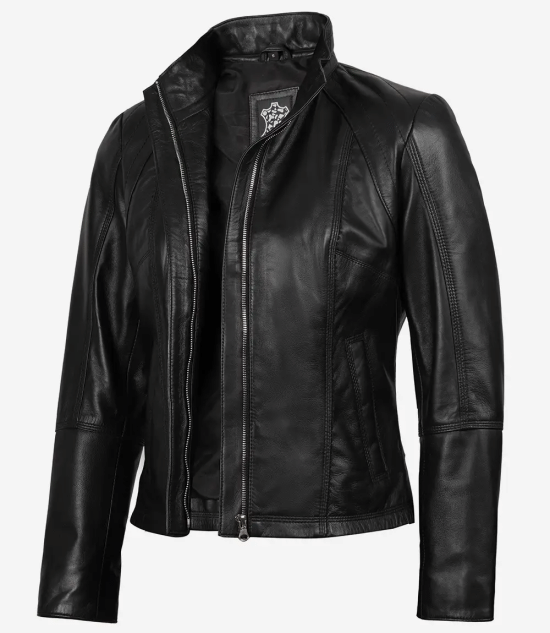Women's Black Leather Cafe Racer Jacket