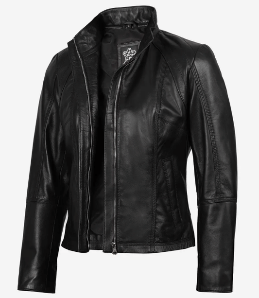 Women's Black Leather Cafe Racer Jacket