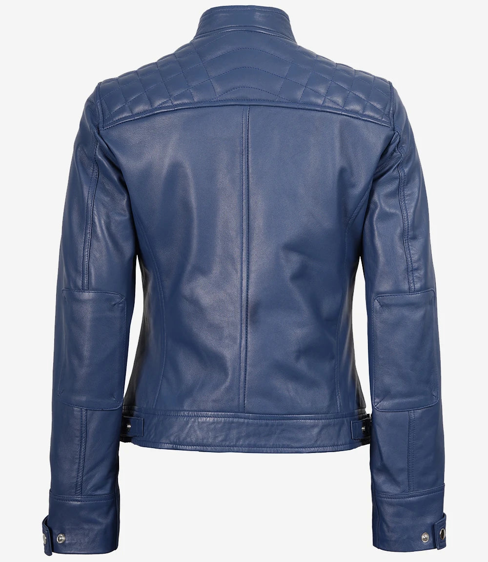 Women Blue Diamond Cafe Racer Real Leather Jacket