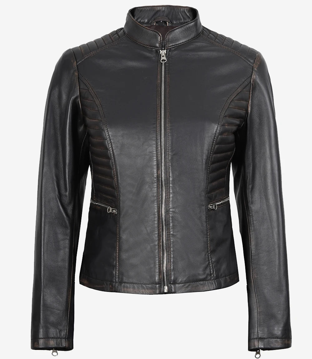 Arya Women's Dark Brown Rub-off Cafe Racer Leather Jacket