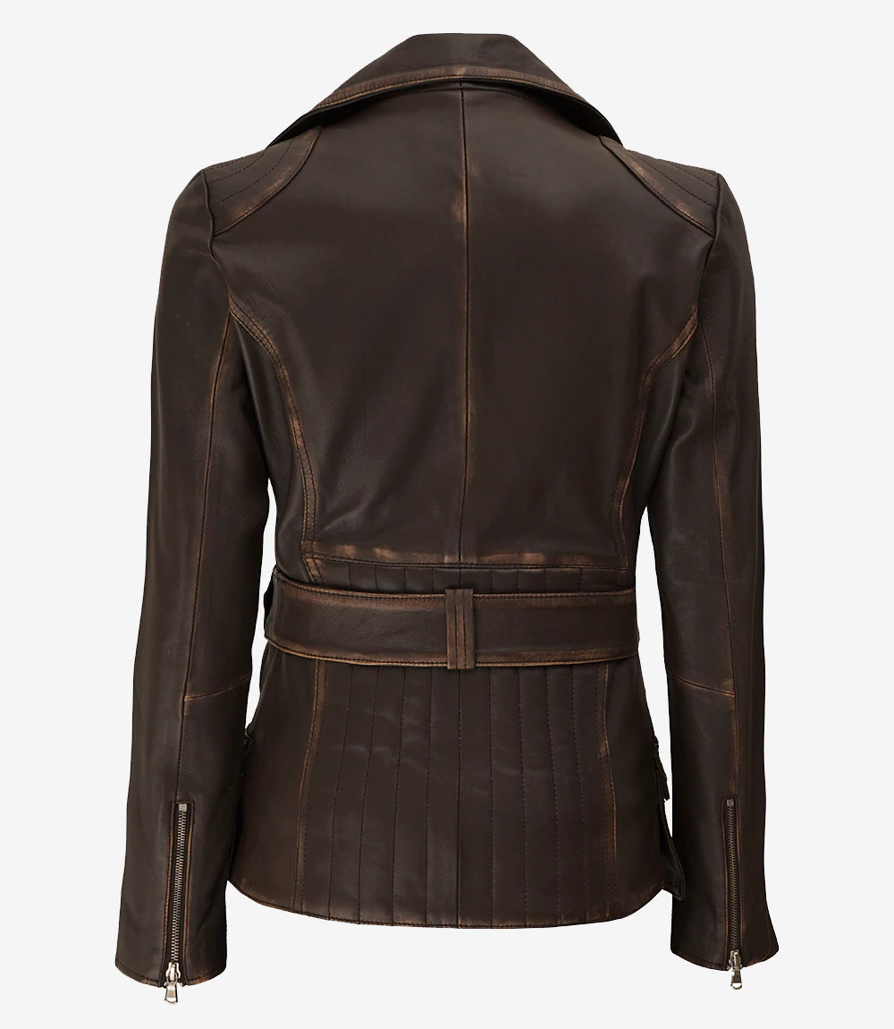 Women's Asymmetrical Rub-off Brown Belted Biker Jacket