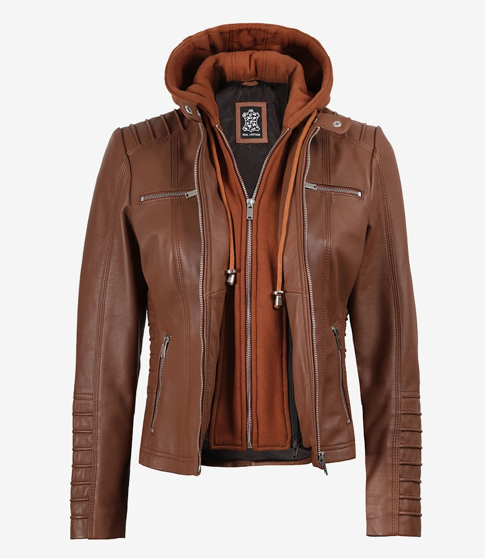Women's Cognac Brown Leather Jacket With Removable Hood