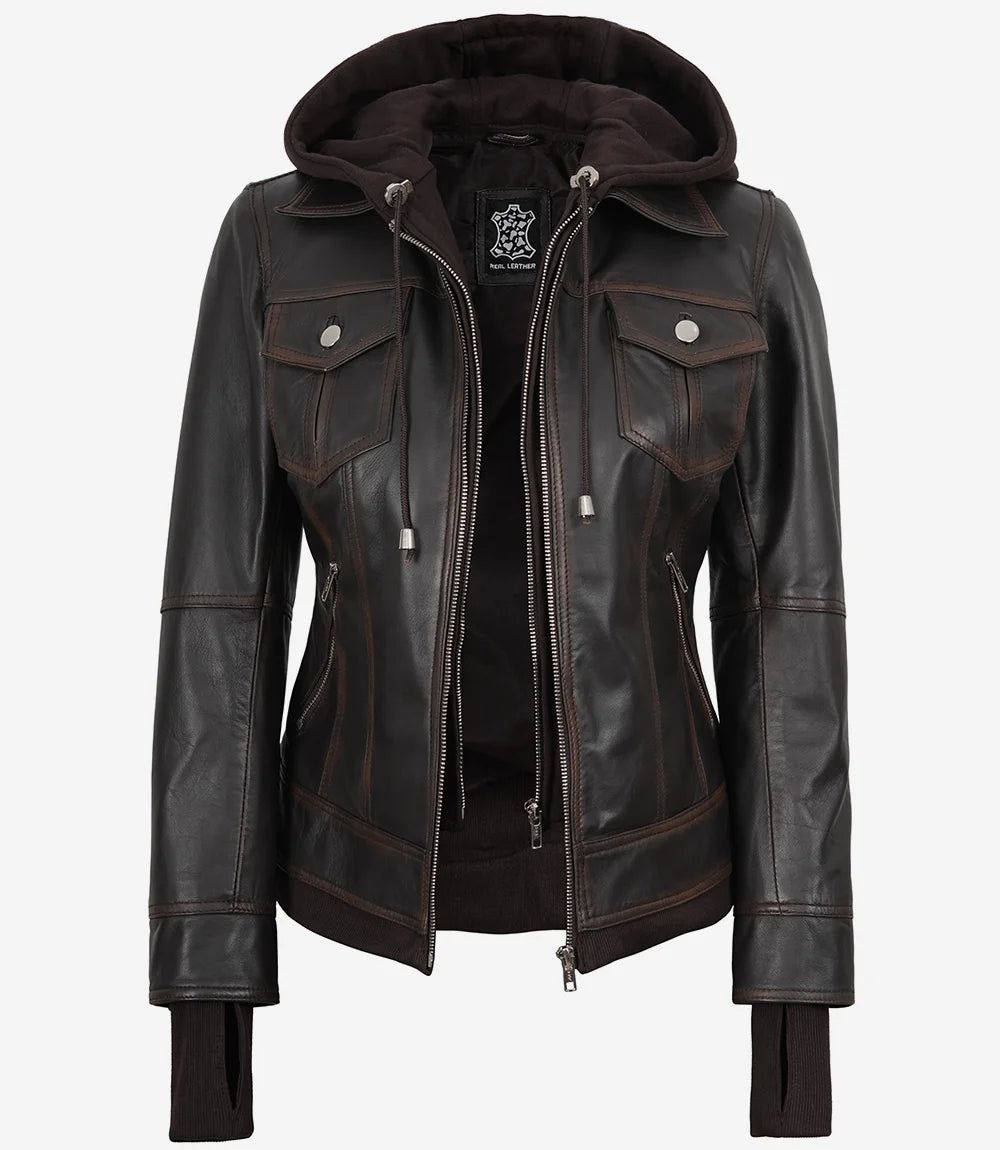 Tralee Dark Brown Womens Leather Jacket With Hood