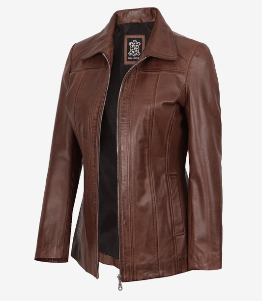 Marsha Women's Cognac Brown Leather Car Coat