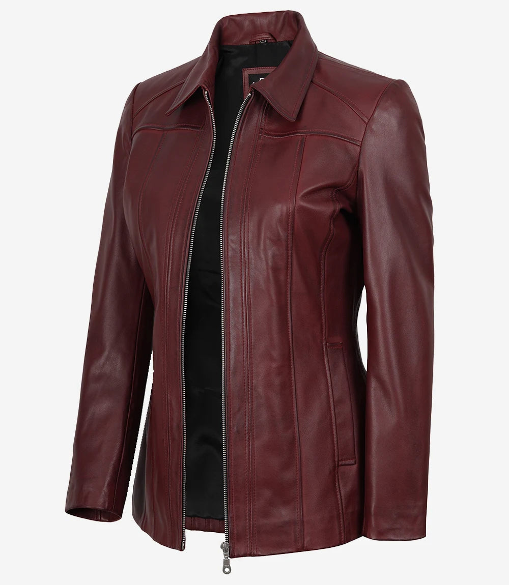 Women's Burgundy Real Leather Car Coat