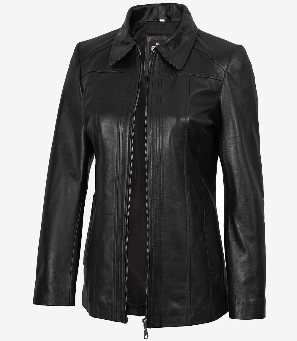 Women's Leather Black Car Coat