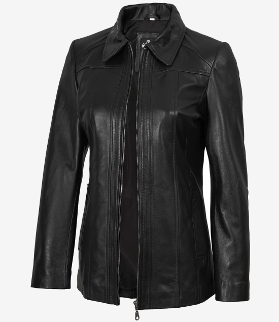 Women's Leather Black Car Coat