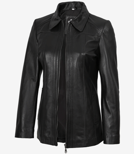Women's Leather Black Car Coat